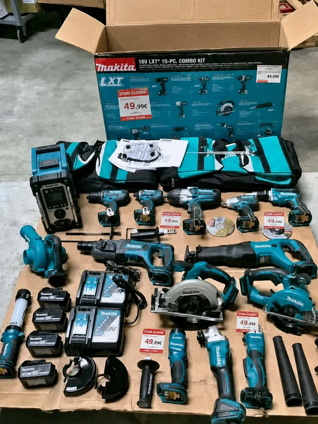 Makita LXT combo kit with 49.99 euro price labels